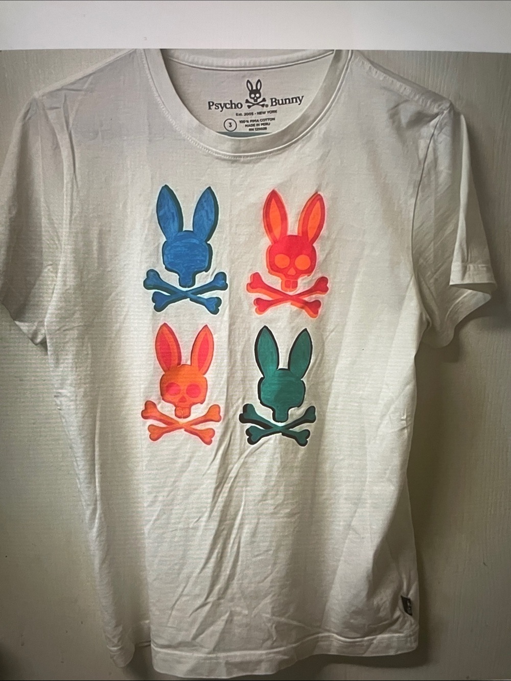 Psycho Bunny Womens White Tee with Multicolor Bunny Skull Graphics